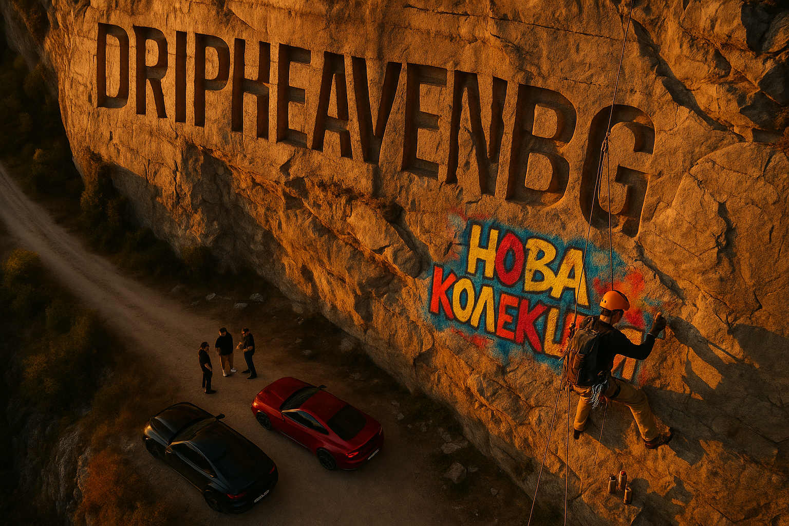 Aerial drone shot with graffiti artist painting НОВА КОЛЕКЦИЯ on DRIPHEAVENBG mountain carvingslider_item_VPLQPW