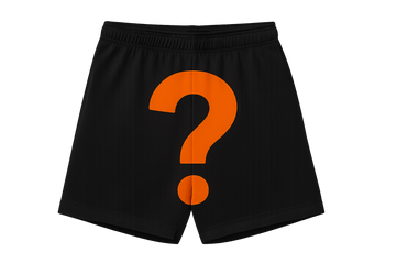 Black shorts with orange question mark on transparent background
