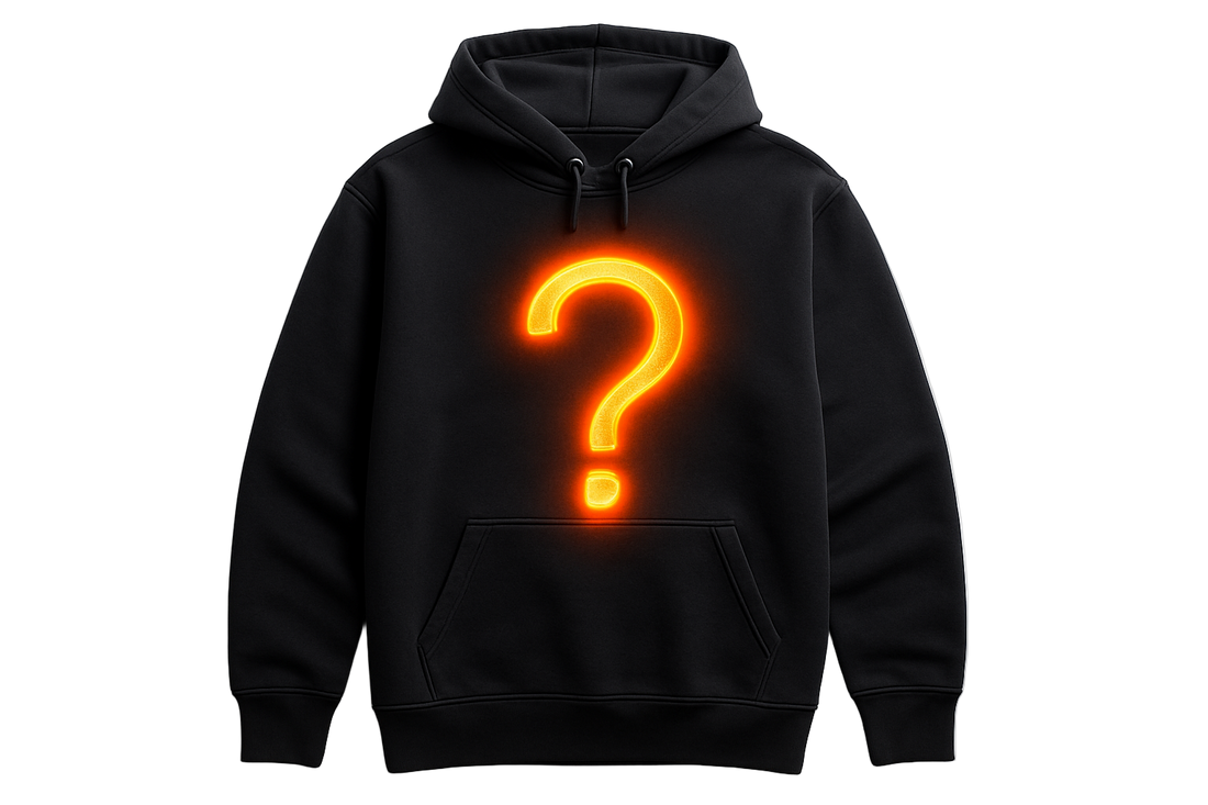 Dark hoodie with orange glowing question mark