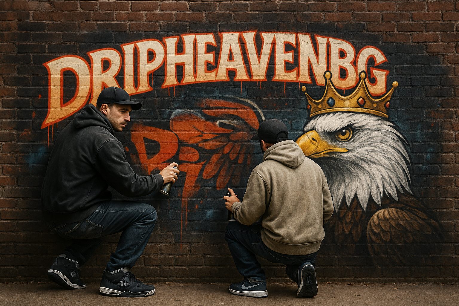 Ultra-realistic graffiti artists painting DRIPHEAVENBG with eagle crown logoslider_item_MVptWQ